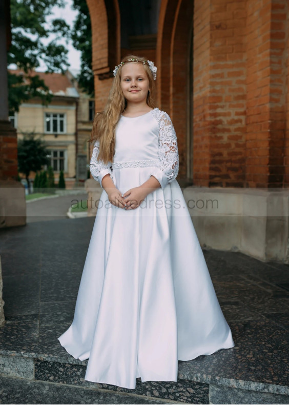 White Satin Lace Flower Girl Dress With Pearls Belt White Satin Lace Flower Girl Dress With Pearls Belt